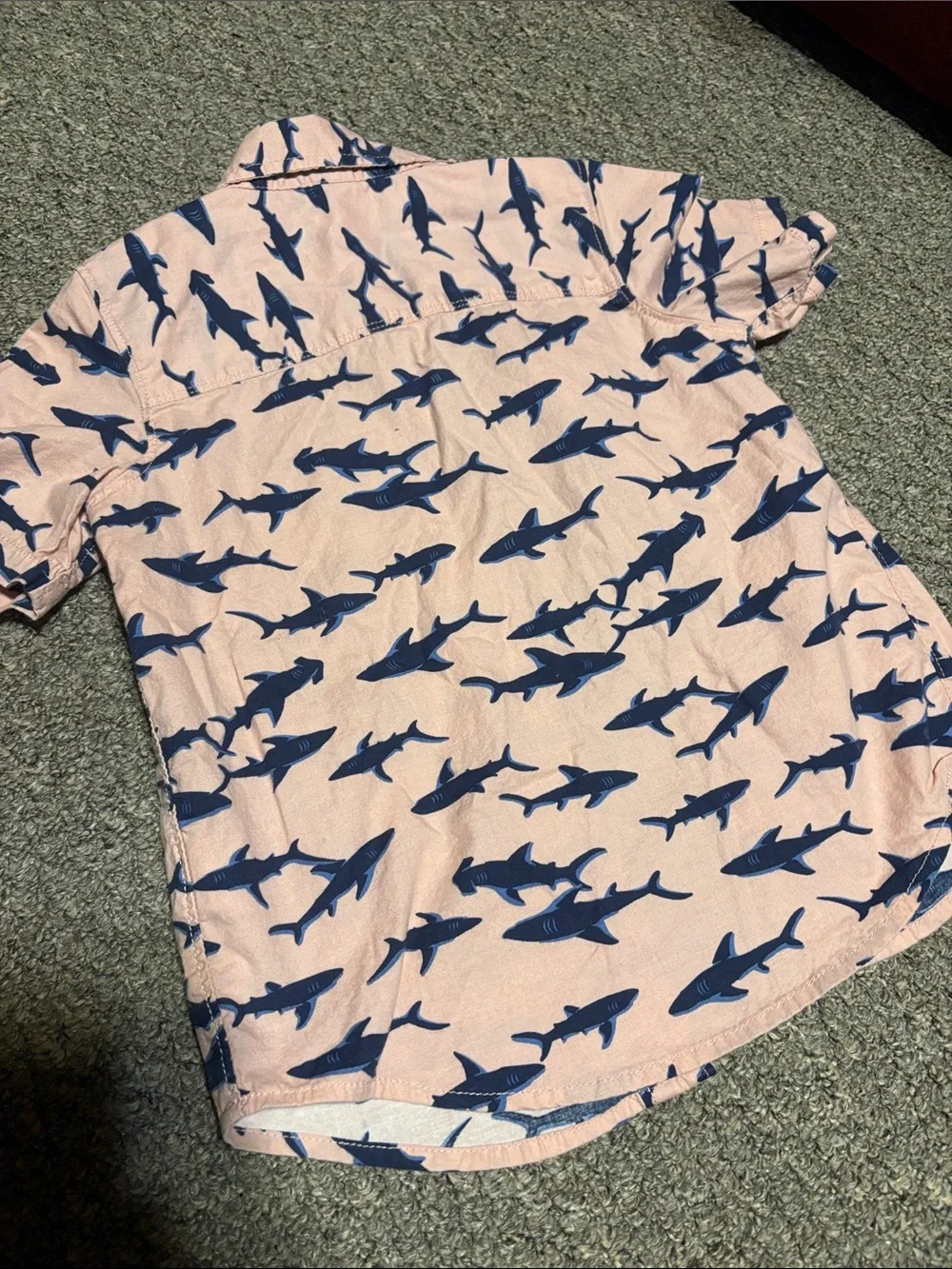 Old Navy Pink Short-Sleeve Button-Down Shirt with Navy Shark Print